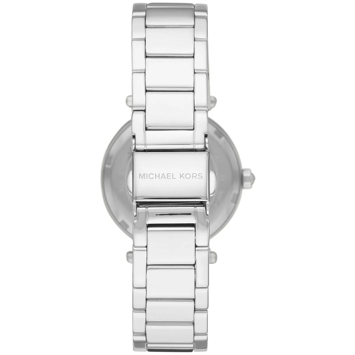 Michael Kors Parker Mini watch back case showing stainless steel bracelet and case back