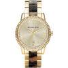 Michael Kors Ritz women's watch with gold dial, crystal bezel, and gold tortoise acetate bracelet