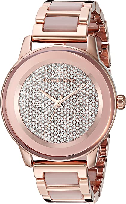 Michael Kors Kinsley MK6432 rose gold women's watch from angled perspective showing full band
