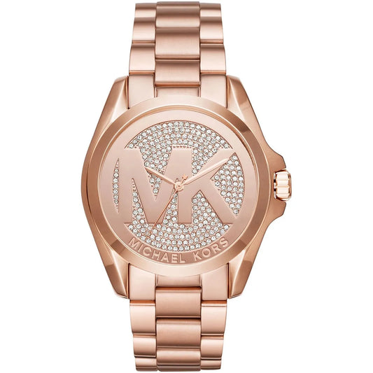 Michael Kors Bradshaw watch with rose gold dial featuring pavé crystal MK logo and matching rose gold bracelet