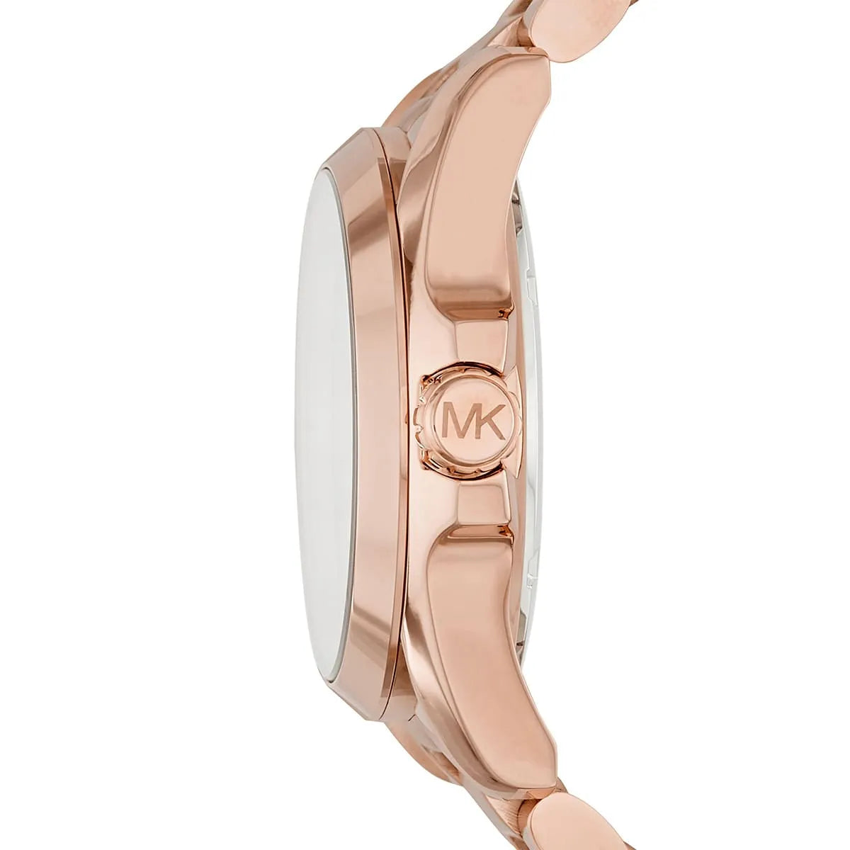 Michael Kors Bradshaw side view showing rose gold case with MK logo and stainless steel bracelet