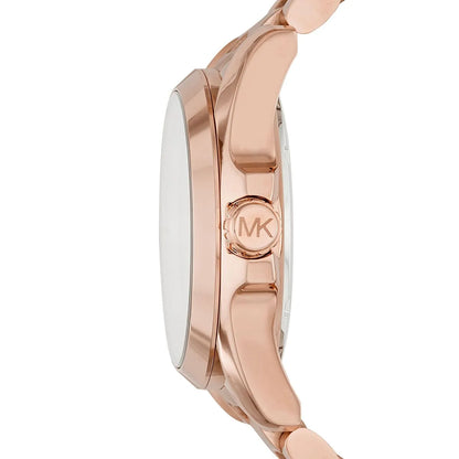Michael Kors Bradshaw side view showing rose gold case with MK logo and stainless steel bracelet