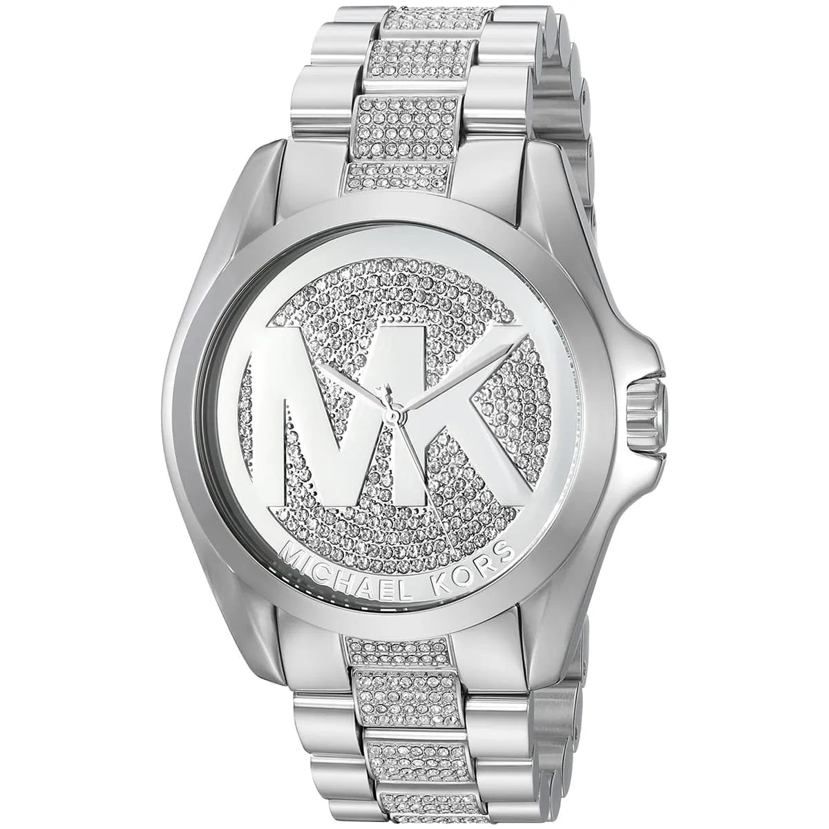 Michael Kors Bradshaw MK6486 three-quarter view showing MK logo dial and crystal strap detail