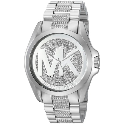 Michael Kors Bradshaw MK6486 three-quarter view showing MK logo dial and crystal strap detail
