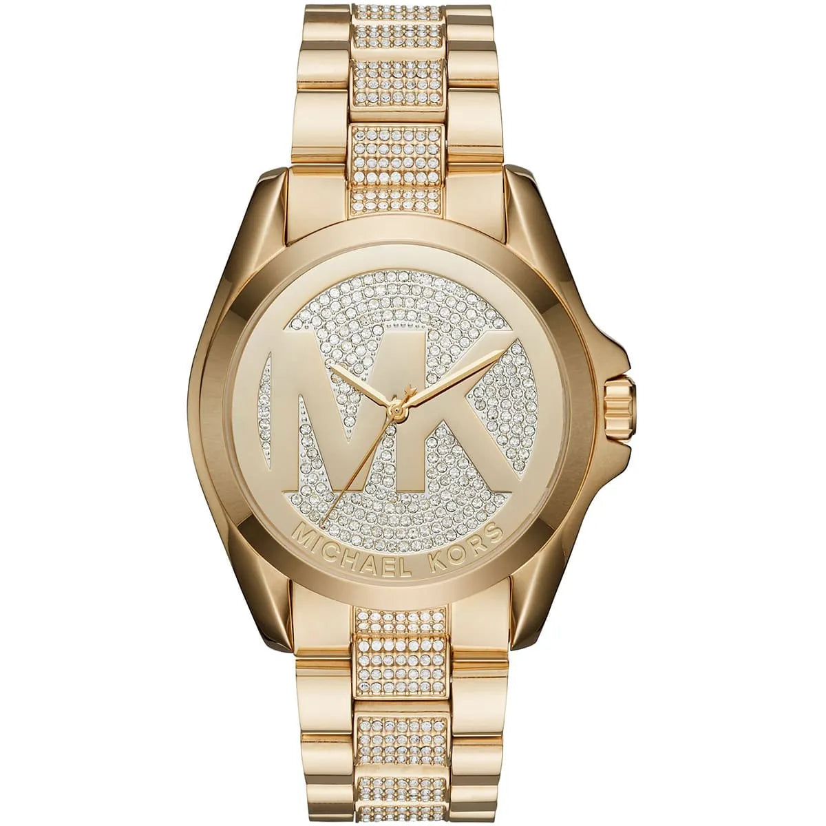 Michael Kors Bradshaw gold women's watch with crystal-paved silver dial and MK logo