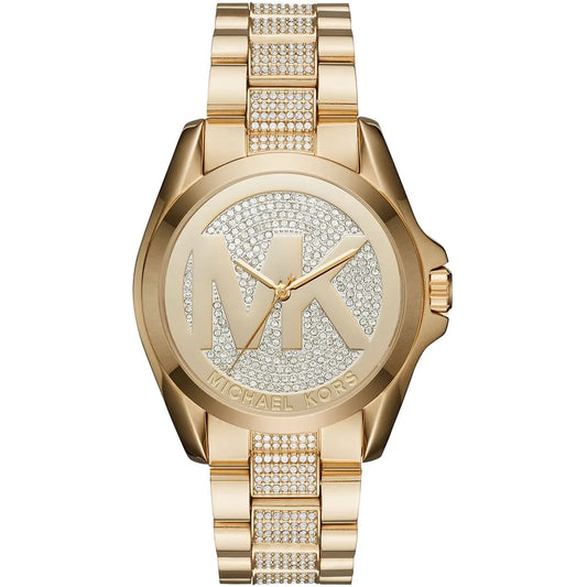 Michael Kors Bradshaw gold women's watch with crystal-paved silver dial and MK logo