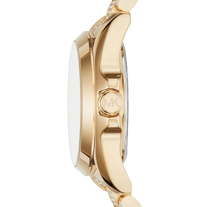 Side view of Michael Kors Bradshaw gold watch showing case profile and crystal strap