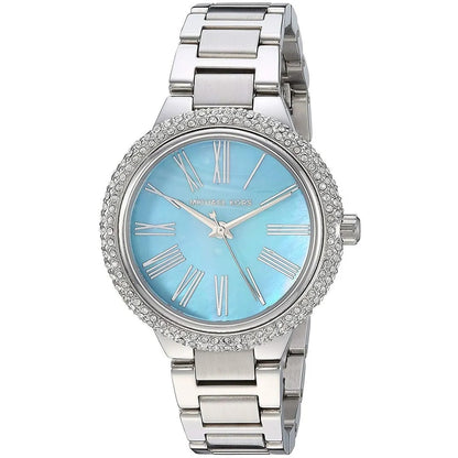Michael Kors Mini Taryn watch angled view showing blue dial and silver metal bracelet