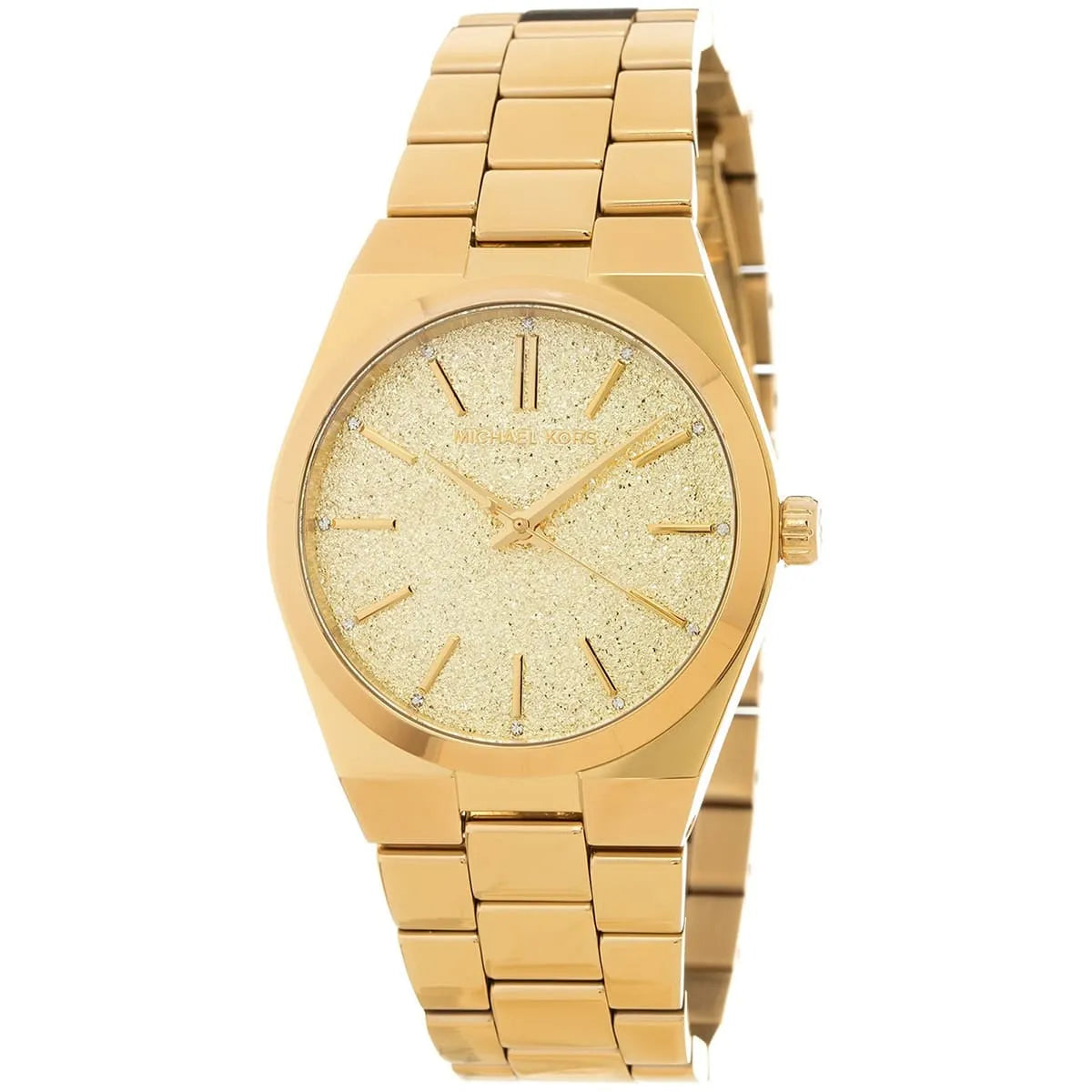Michael Kors Channing MK6623 angled view showing gold stainless steel three-link bracelet and glitter dial