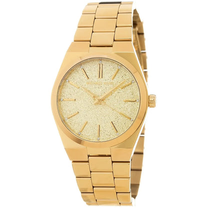 Michael Kors Channing MK6623 angled view showing gold stainless steel three-link bracelet and glitter dial