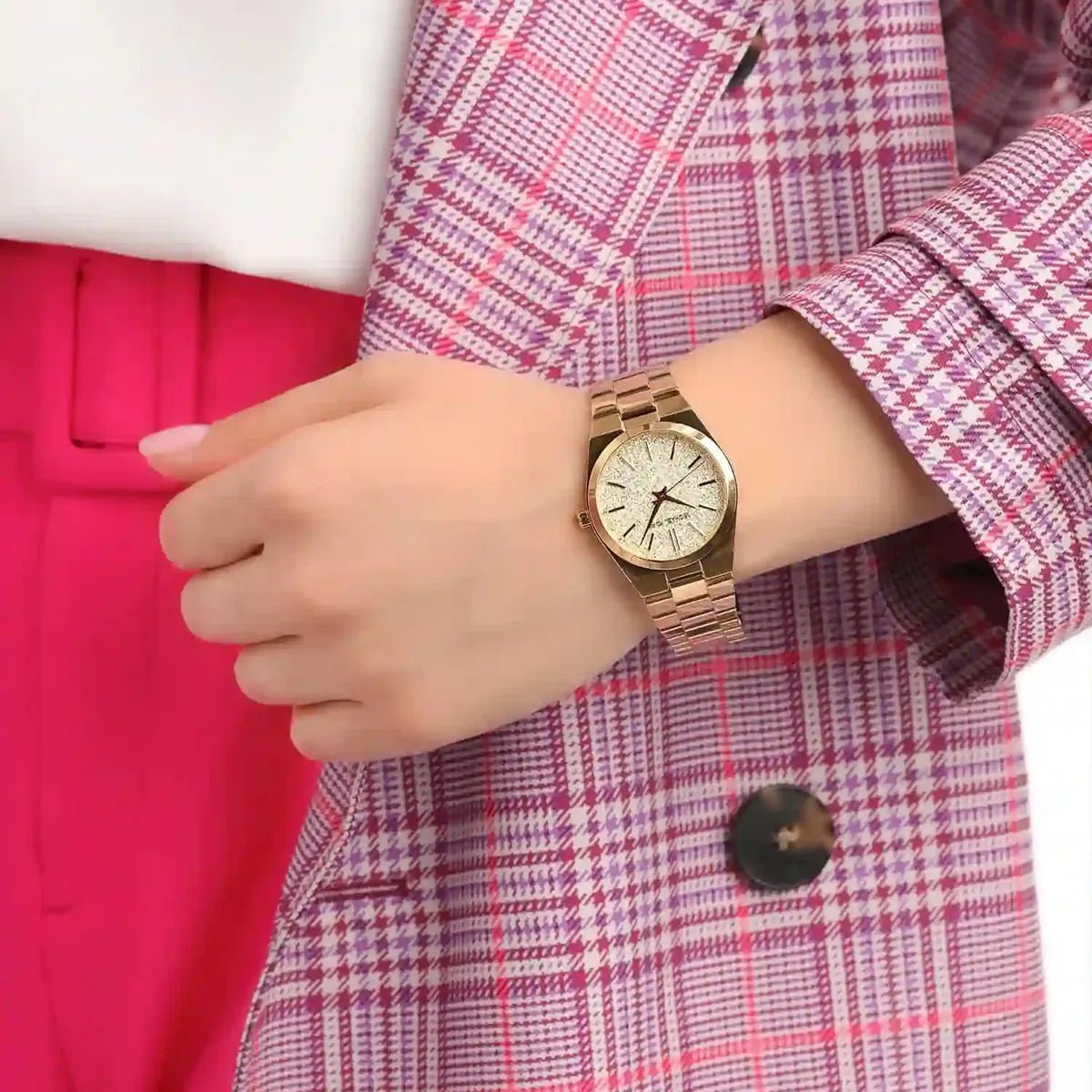 Michael Kors Channing rose gold watch worn on wrist