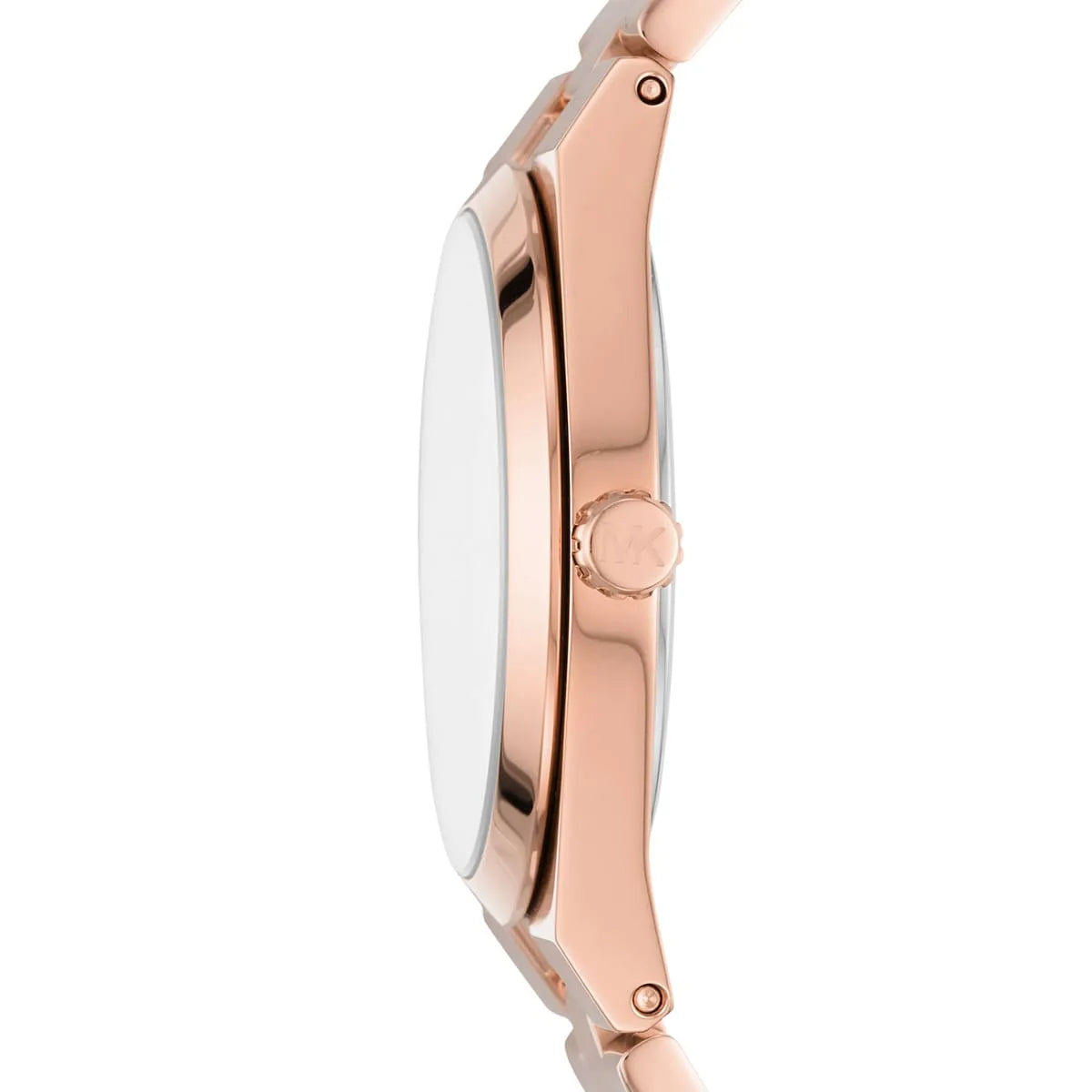 Side profile of Michael Kors Channing rose gold watch showing case thickness and crown