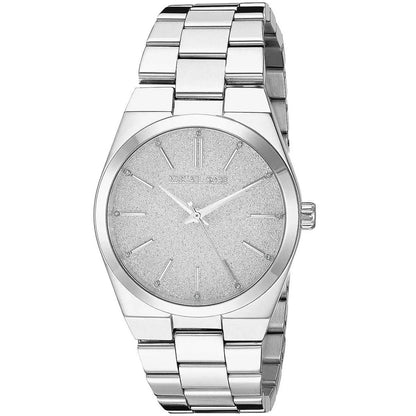 Michael Kors Channing MK6626 three-hand watch with textured silver dial viewed at angle