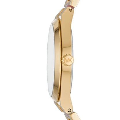 Michael Kors Ritz MK6650 watch side profile showing gold-tone case and tortoise acetate strap