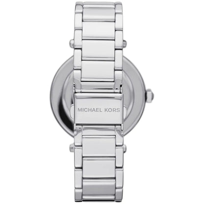 Caseback view of Michael Kors Parker watch with brand name engraved on silver-tone case