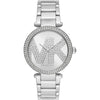 Michael Kors Parker silver-tone women's watch with crystal-paved MK logo on dial and bezel