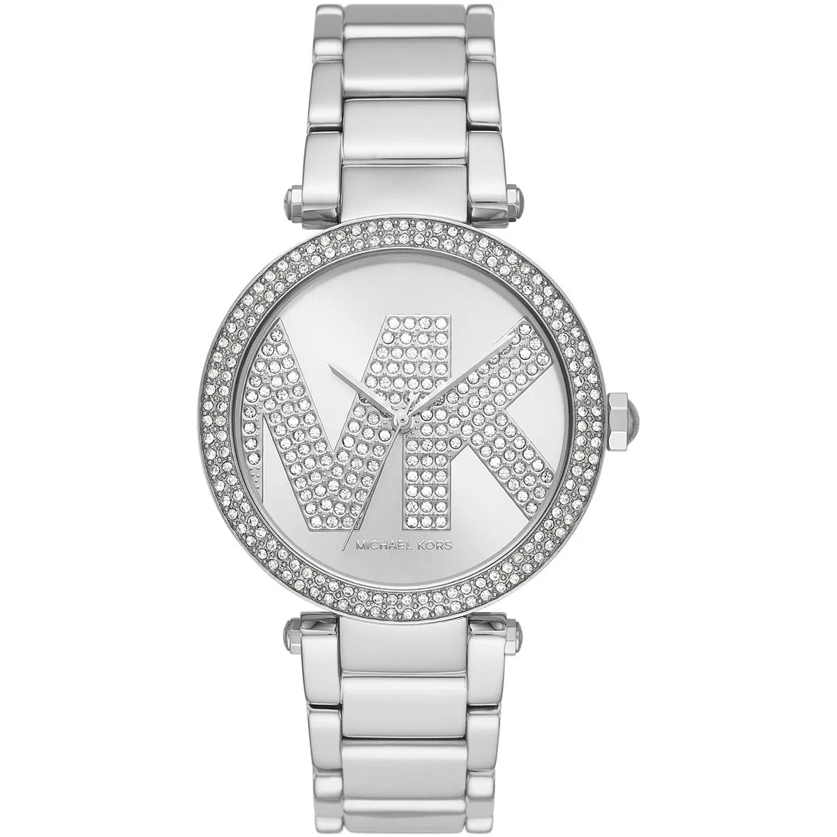 Michael Kors Parker silver-tone women's watch with crystal-paved MK logo on dial and bezel