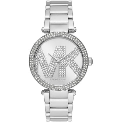Michael Kors Parker silver-tone women's watch with crystal-paved MK logo on dial and bezel