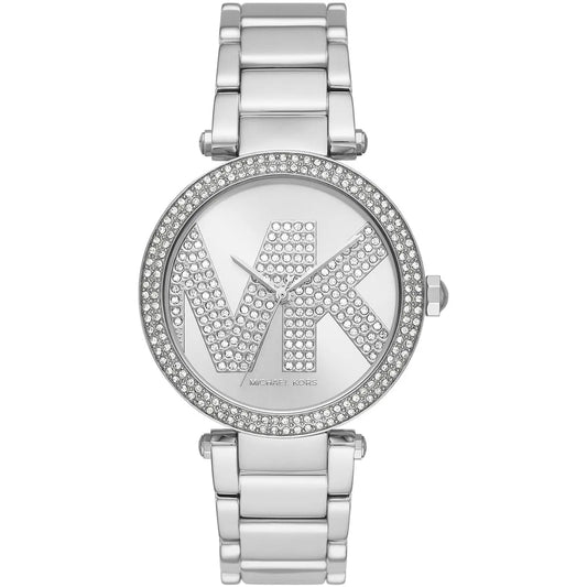 Michael Kors Parker silver-tone women's watch with crystal-paved MK logo on dial and bezel