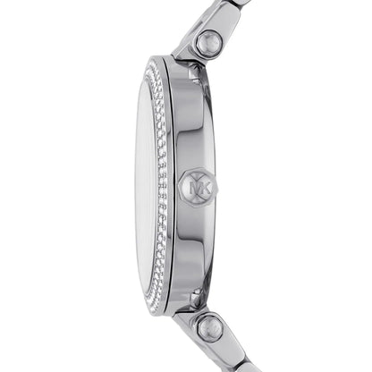 Side view of Michael Kors Parker watch showing stainless steel bracelet and crystal bezel