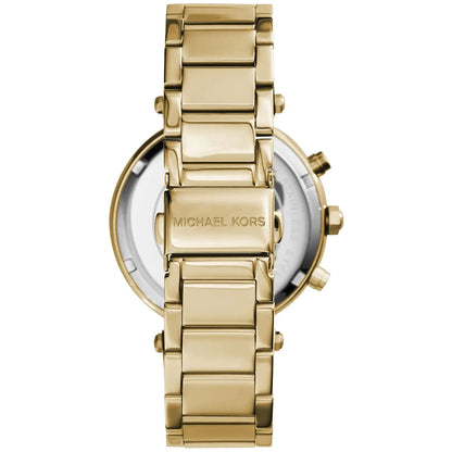 Back view of Michael Kors Parker watch showing caseback, engraved Michael Kors branding, and bracelet