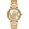 Michael Kors Parker gold-tone women's watch with crystal-embellished MK logo dial and matching bracelet