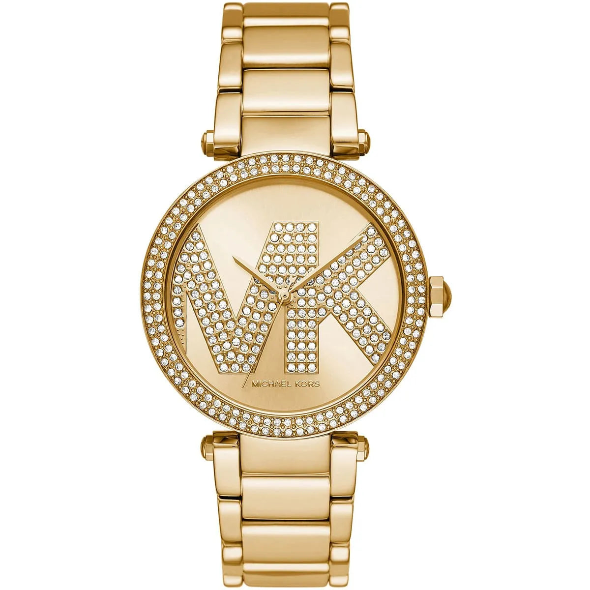 Michael Kors Parker gold-tone women's watch with crystal-embellished MK logo dial and matching bracelet