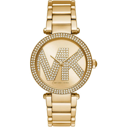 Michael Kors Parker gold-tone women's watch with crystal-embellished MK logo dial and matching bracelet