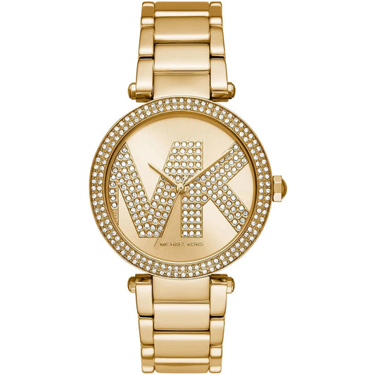 Michael Kors Parker gold-tone women's watch with crystal-embellished MK logo dial and matching bracelet