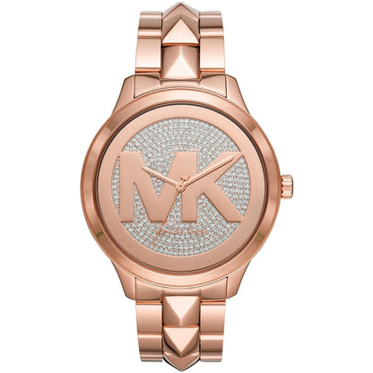 Michael Kors Runway Mercer rose gold watch with MK logo and crystal-paved dial