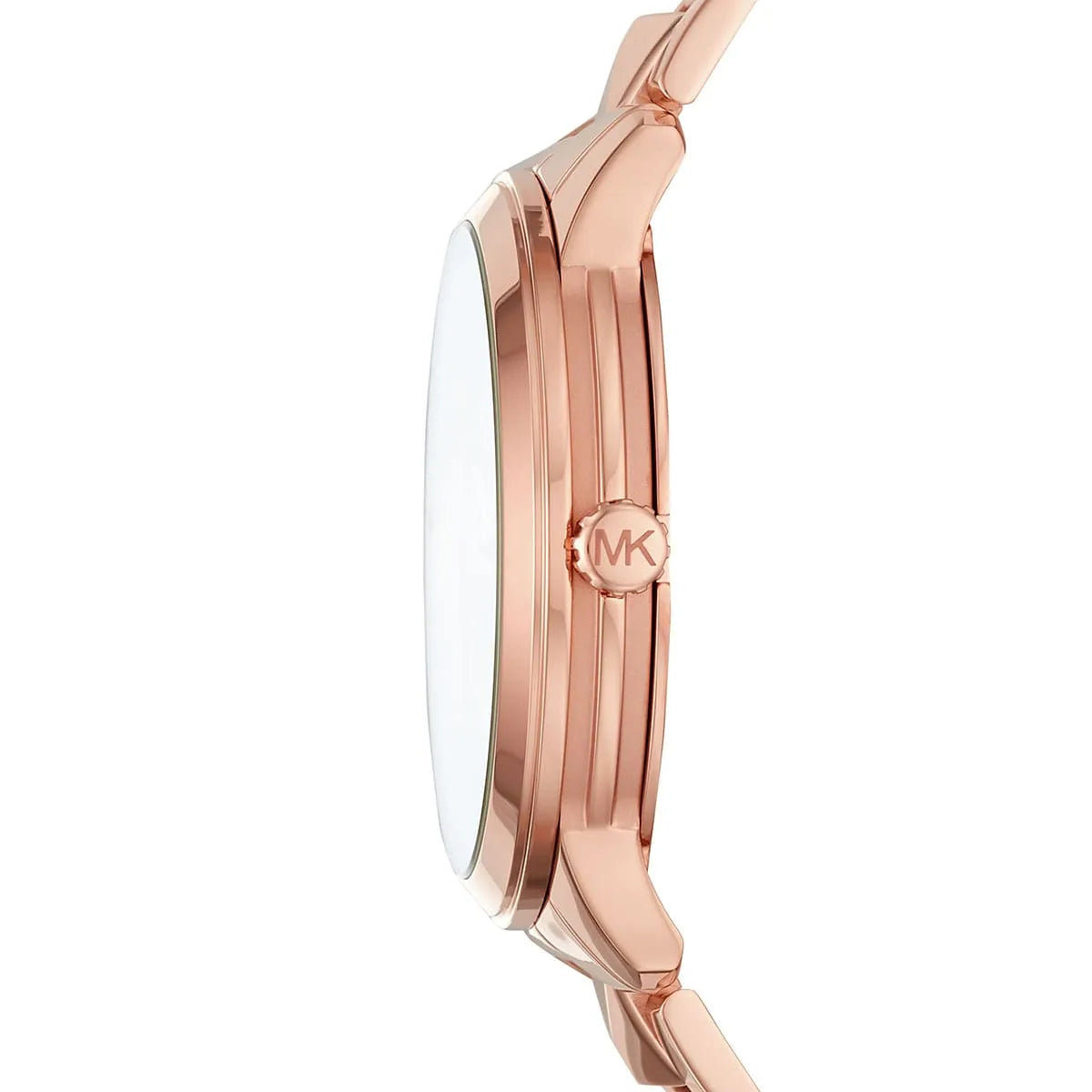 Side profile of MK6736 rose gold watch showing thin bezel and polished case
