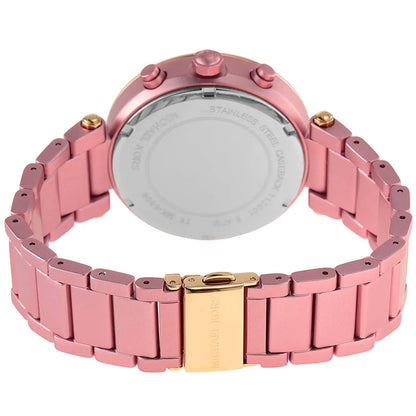 Michael Kors Parker watch transparent caseback displaying chronograph mechanism and band