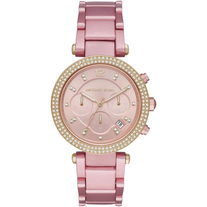 Michael Kors Parker pink chronograph watch with crystal-studded dial and pink metal band