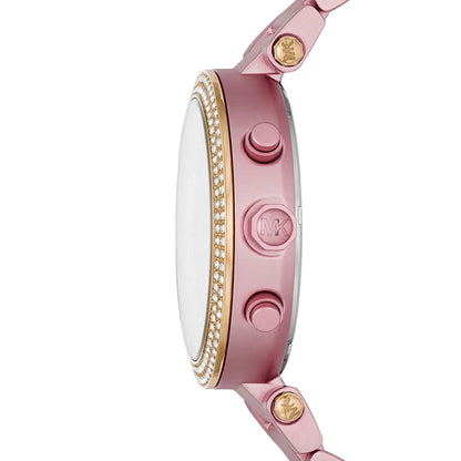 Michael Kors Parker watch side view showing crystal bezel and chronograph pushers