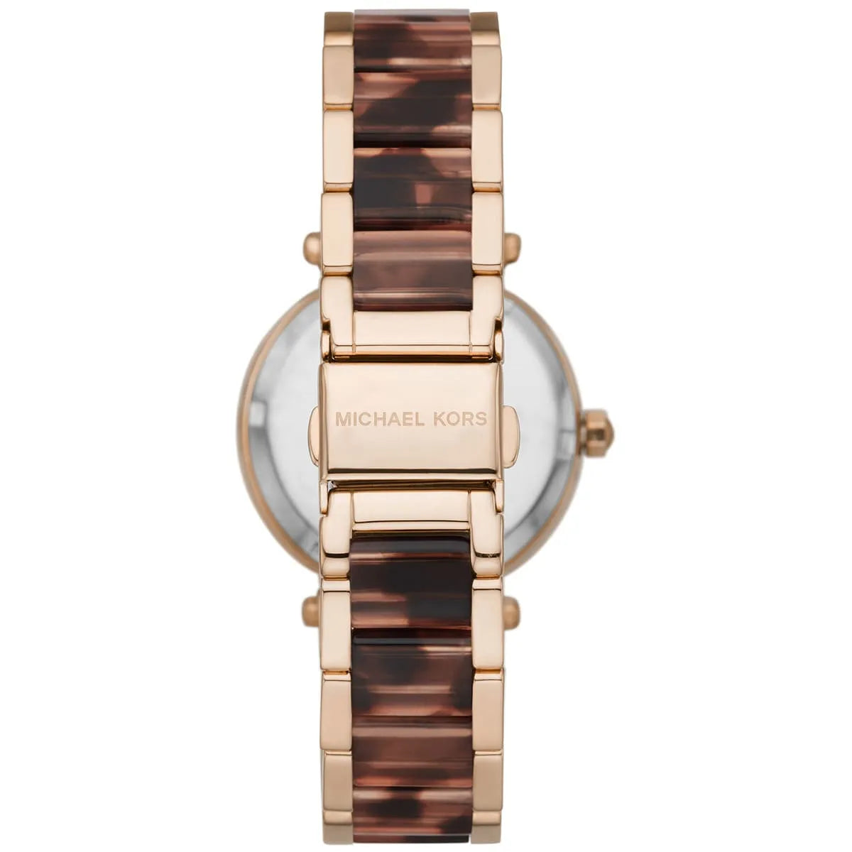 Back view of Michael Kors Parker watch with tortoiseshell acetate and rose gold bracelet