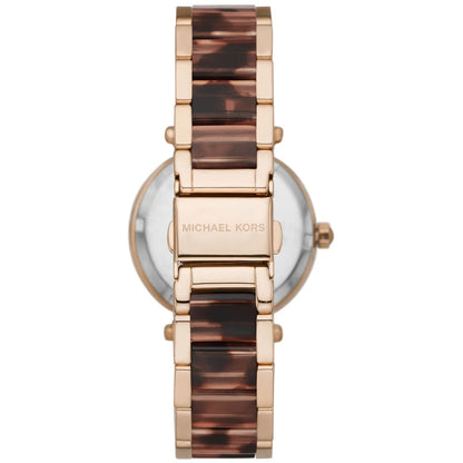 Back view of Michael Kors Parker watch with tortoiseshell acetate and rose gold bracelet