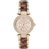 Michael Kors Parker rose gold women's watch with crystal bezel, multi-subdial dial, and tortoiseshell acetate strap