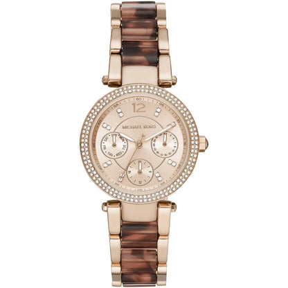 Michael Kors Parker rose gold women's watch with crystal bezel, multi-subdial dial, and tortoiseshell acetate strap
