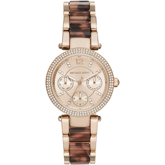 Michael Kors Parker rose gold women's watch with crystal bezel, multi-subdial dial, and tortoiseshell acetate strap