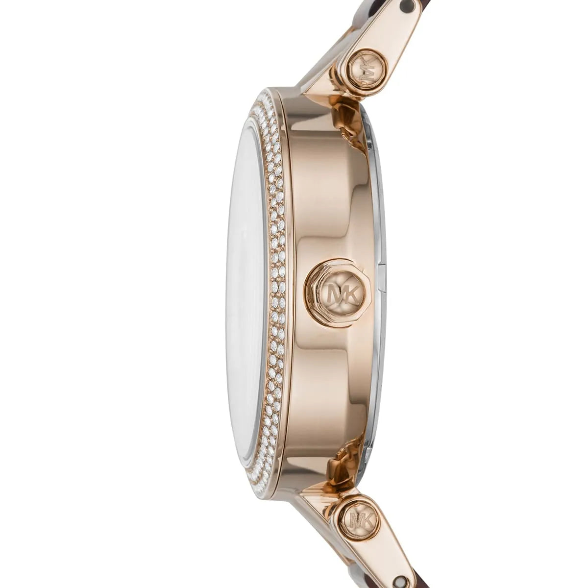Side view of Michael Kors Parker watch showing crystal-set bezel and rose gold-tone case profile