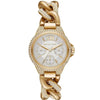 Michael Kors Mini Camille gold watch with silver dial, crystal pavé bezel, and gold curb-link strap