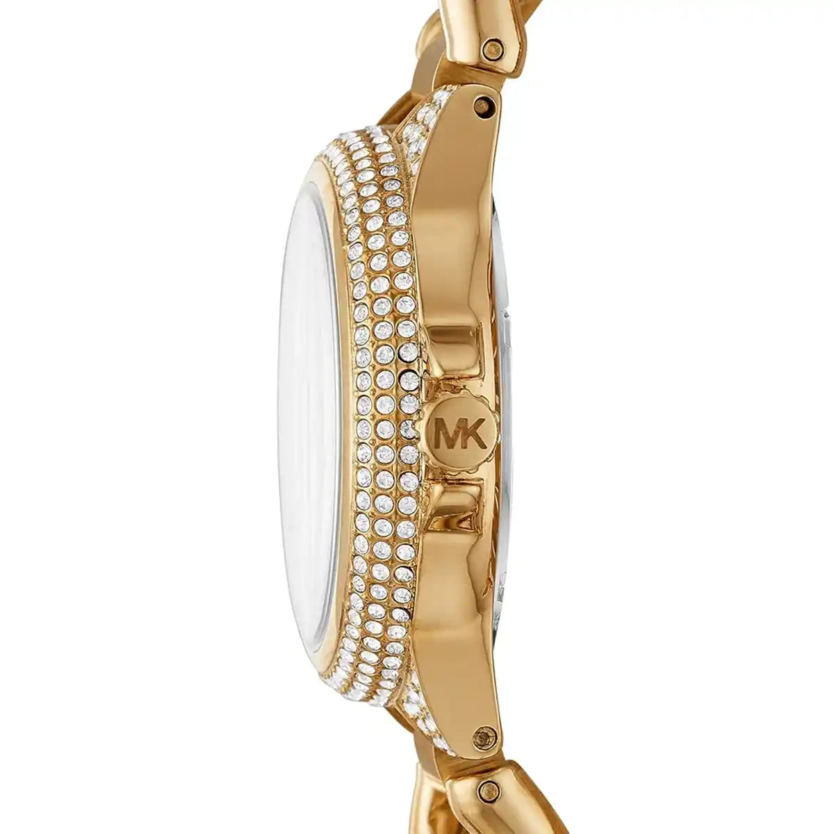 Side profile of Michael Kors Mini Camille watch showing gold crystal pavé strap and dial edge