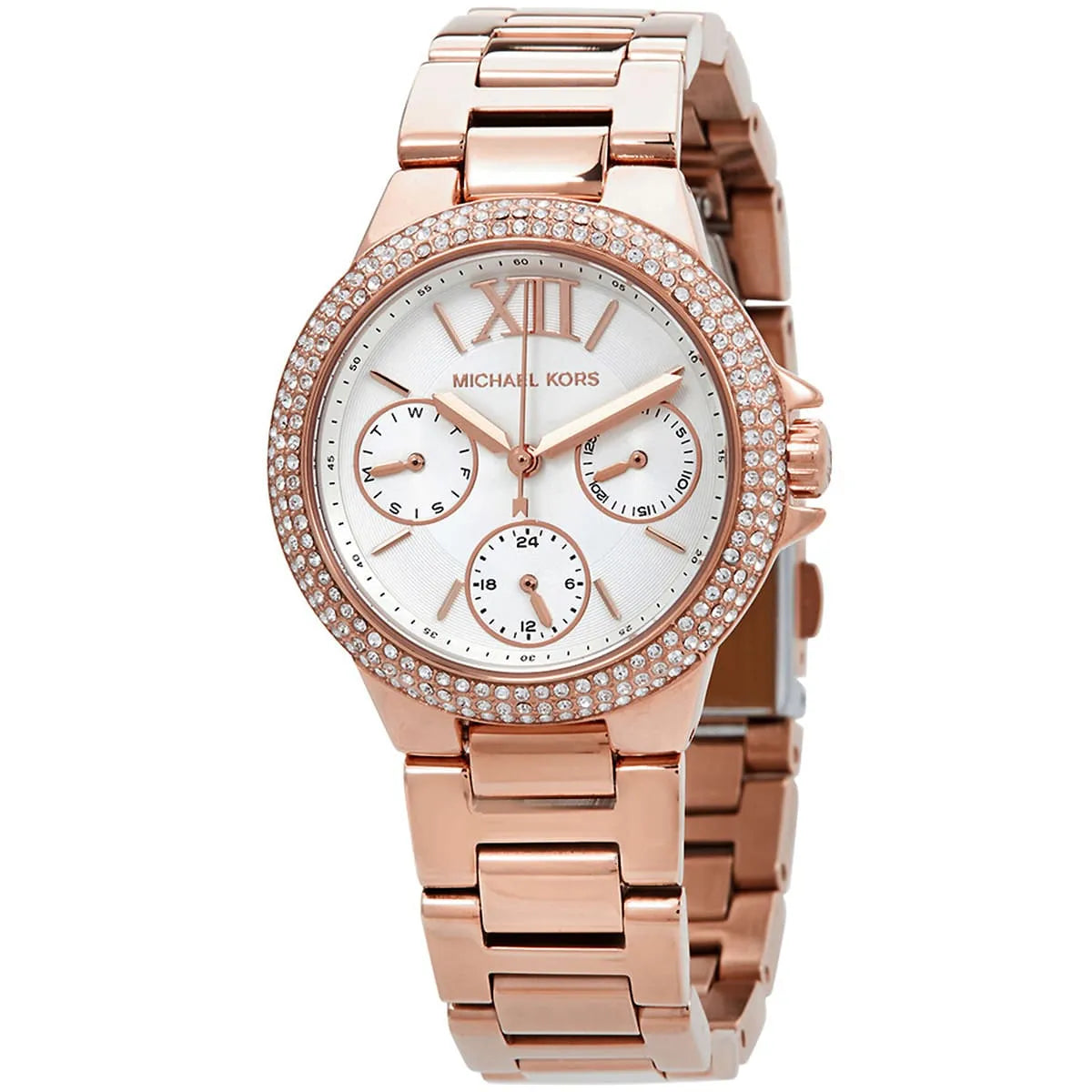 Michael Kors Camille women's watch with three subdials, roman numeral dial, rose gold metal bracelet