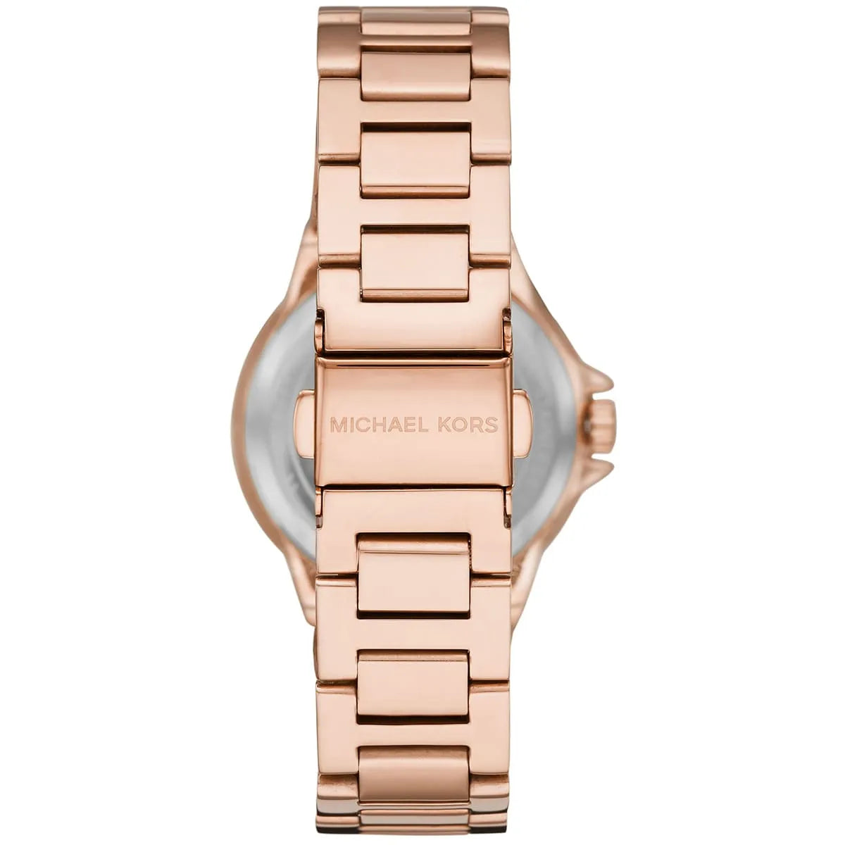 Caseback of Michael Kors Camille watch showing stainless steel case with engraved branding