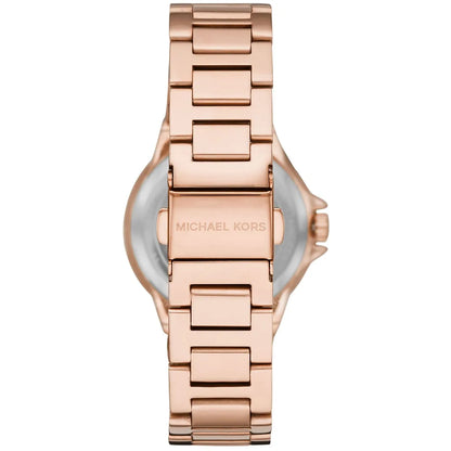 Caseback of Michael Kors Camille watch showing stainless steel case with engraved branding