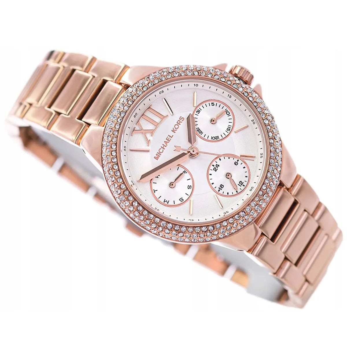 Close-up dial view of Michael Kors Camille chronograph with white face and three subdials