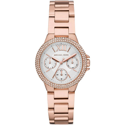 Michael Kors Camille chronograph watch with white dial, rose gold case and bracelet, diamond-set bezel