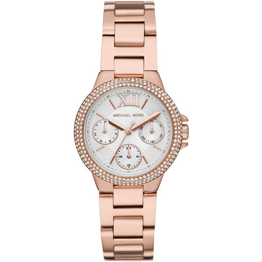 Michael Kors Camille chronograph watch with white dial, rose gold case and bracelet, diamond-set bezel
