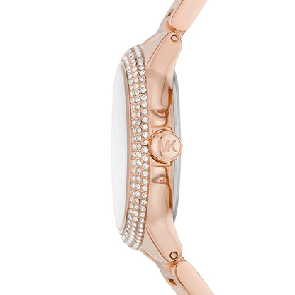 Side view of Michael Kors Camille watch showing rose gold case profile with diamond-set bezel