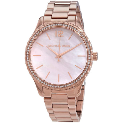 Michael Kors Layton watch angled view showing pink dial and rose gold metal bracelet
